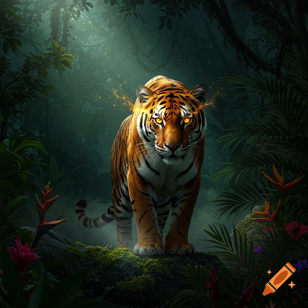 A powerful tiger with glowing orange eyes stands in a lush, dark jungle, looking directly forward.