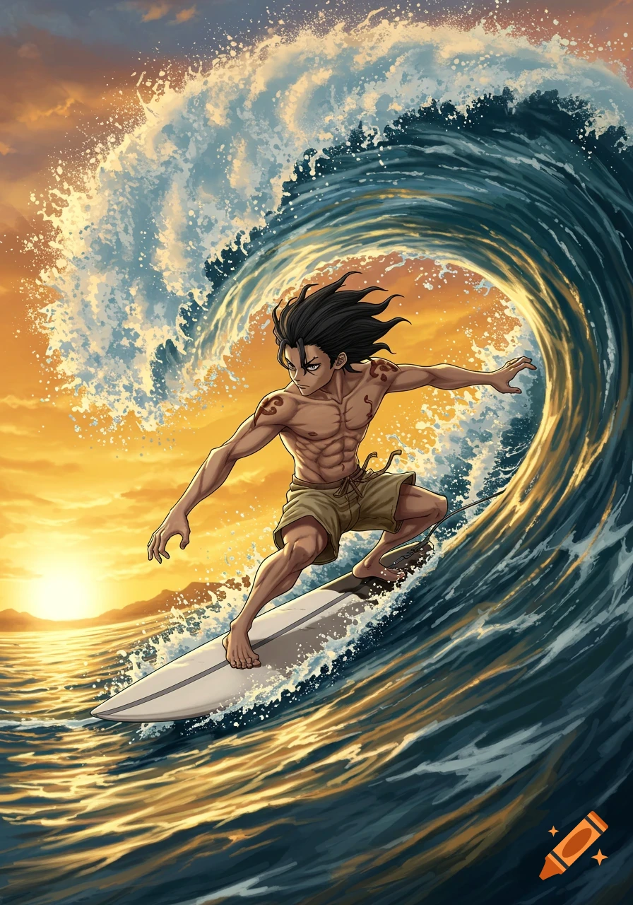 Anime illustration of Tsukasa Shishio surfing a large wave at sunset.
