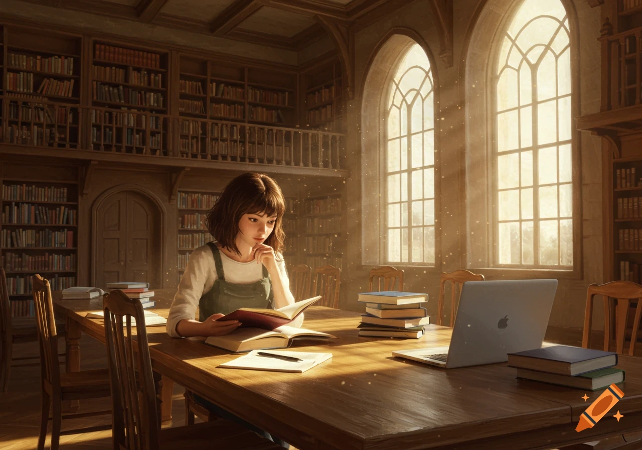 A young woman reads a book at a large table in a grand library, illuminated by sunlight through arched windows.