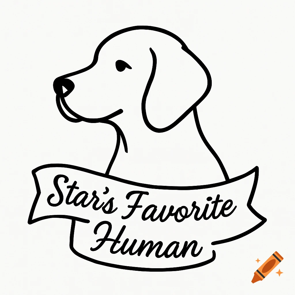 Minimalist line art vector portrait of a dog's head with a banner below it reading 'Star's Favorite Human'.