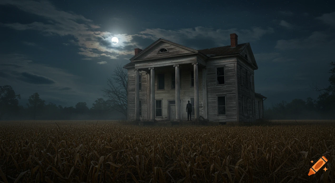 A desolate, dilapidated mansion stands in a vast cornfield at night under a bright full moon, with a shadowy figure on its porch.