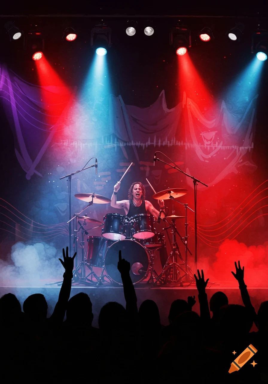 A photorealistic image of a drummer performing on stage under red and blue spotlights, with a silhouetted audience cheering.