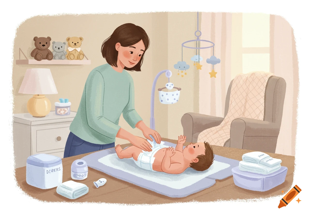 An illustration of a mother changing a baby's diaper on a changing table in a nursery.