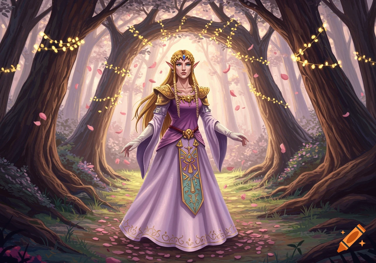 Princess Zelda in a purple dress stands in an enchanted forest with string lights and falling pink petals, in a digital art style.