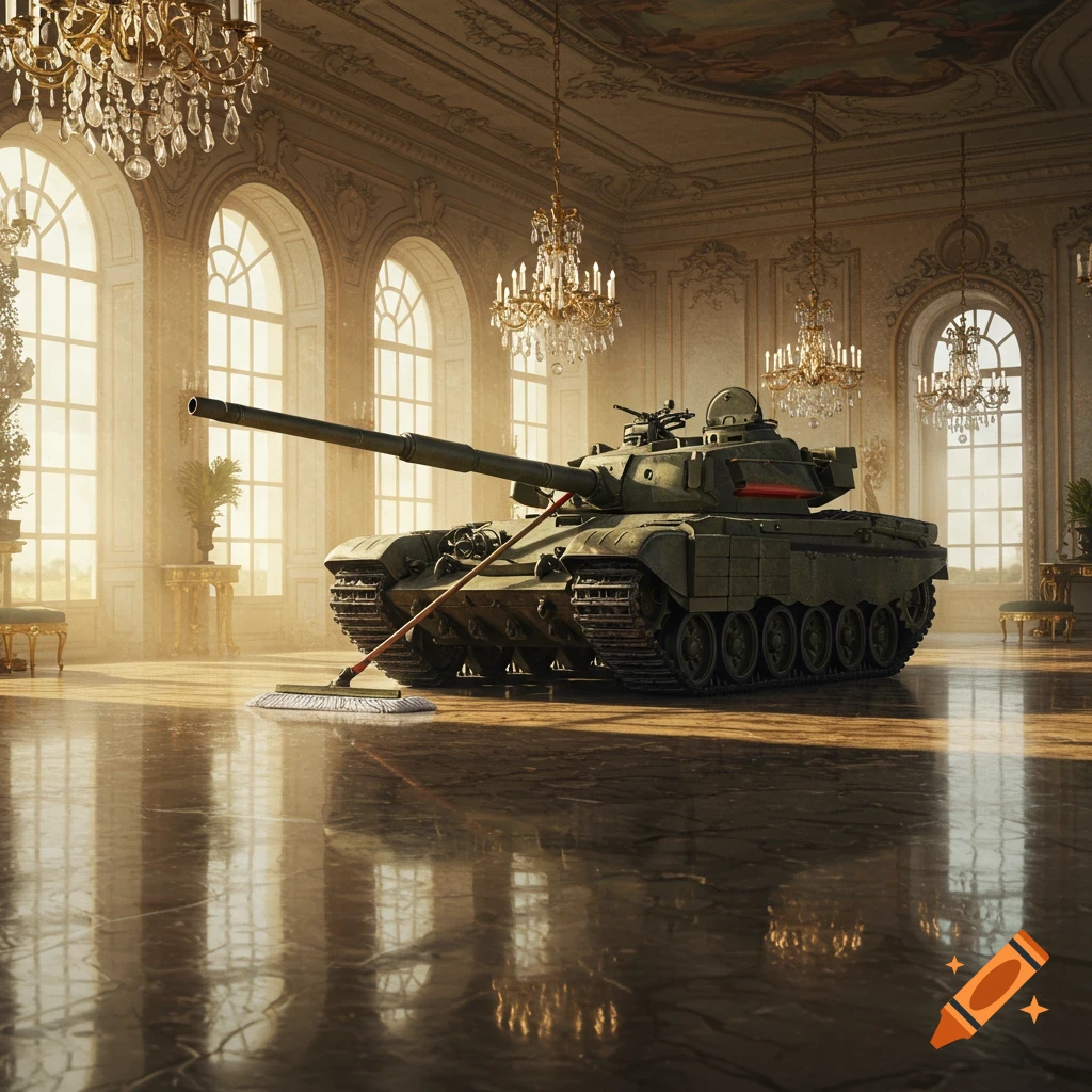 A military tank with a mop, standing on a polished floor in a grand, opulent ballroom with chandeliers and large arched windows.