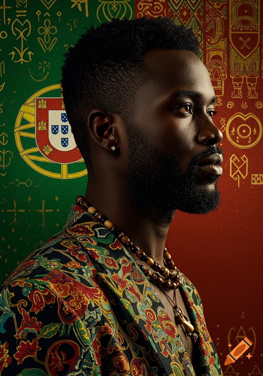 A photorealistic portrait of a man with a beard and patterned jacket against a split Portuguese flag and African symbol background.
