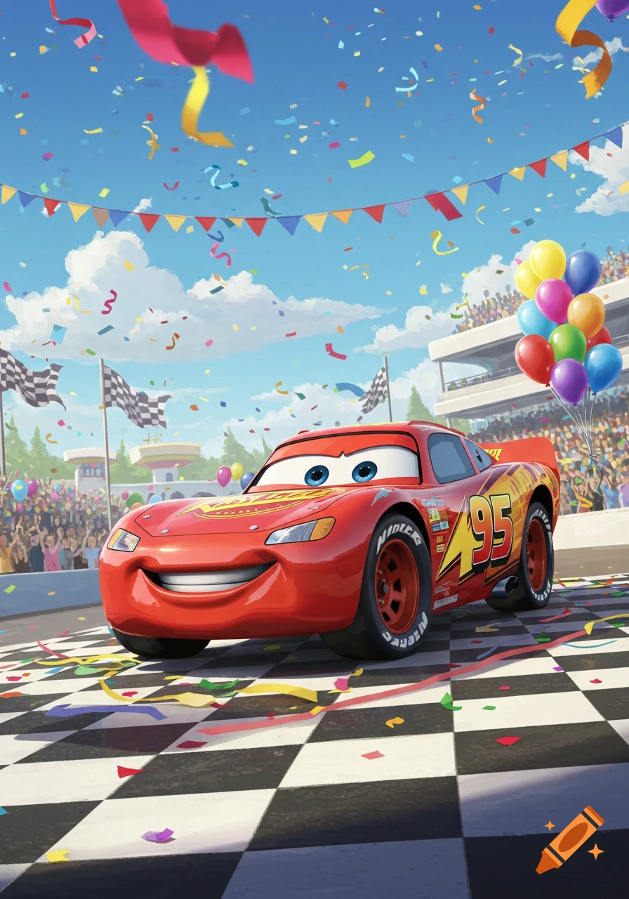 Lightning McQueen, a red race car, smiles on a checkered racetrack under a blue sky, surrounded by colorful confetti, balloons, and cheering crowds.
