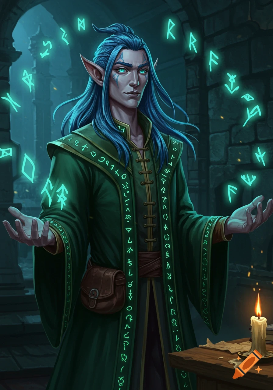 An elven wizard with blue hair and glowing eyes, wearing a green, rune-covered robe, casts a spell with glowing runes floating around his hands in a dark chamber.