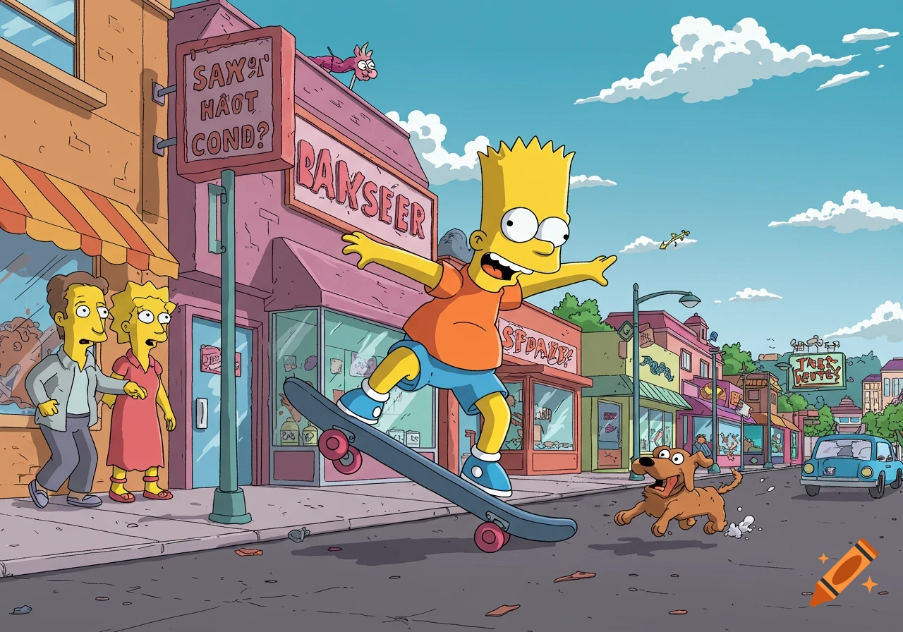 Bart Simpson on a skateboard with his arms outstretched, smiling, as a dog runs excitedly beside him on a city street.