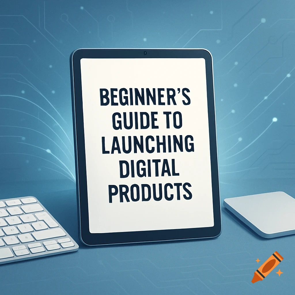 A tablet screen displays "BEGINNER'S GUIDE TO LAUNCHING DIGITAL PRODUCTS" next to a keyboard on a blue background.