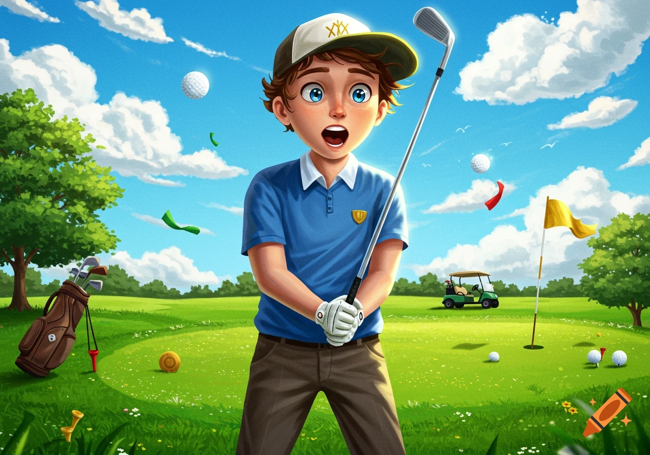 A wide-eyed cartoon boy in a blue polo shirt and hat holds a golf club, looking surprised on a sunny golf course.