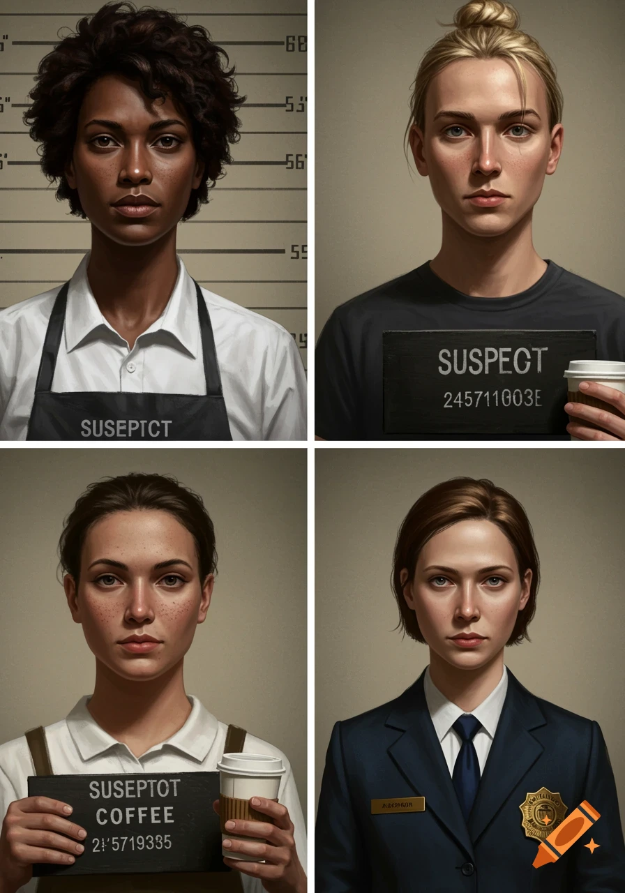 Four photorealistic mugshot portraits of different individuals, including a woman in an apron, a person holding a 'suspect' sign and coffee, a woman with a 'suspect' sign and coffee, and a woman in a police uniform.