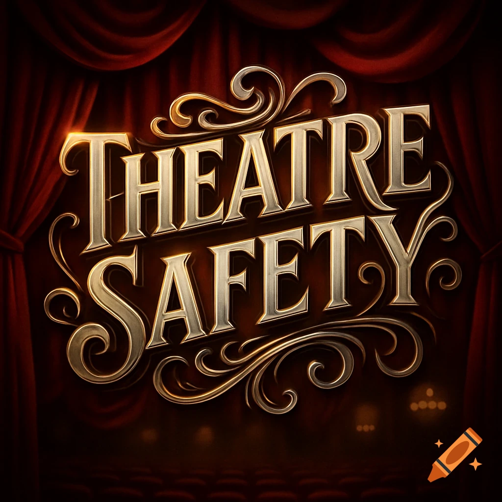 Ornate golden text 'THEATRE SAFETY' against red velvet theatre curtains.