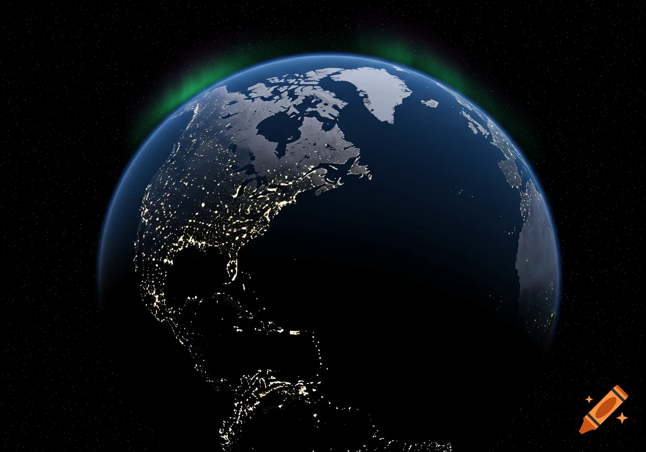 Earth from space at night showing city lights on North America and a faint aurora over the Arctic.