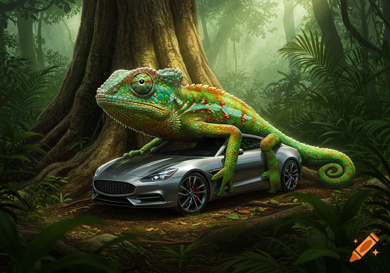 A vibrant green and orange chameleon perches on a silver sports car in a lush jungle.