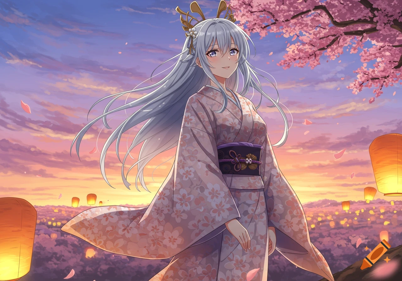 Anime woman in a kimono under cherry blossoms at sunset with sky lanterns, anime illustration.
