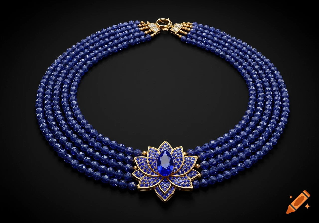 A five-layered blue sapphire beaded necklace with a gold and blue sapphire lotus flower pendant, on a black background.