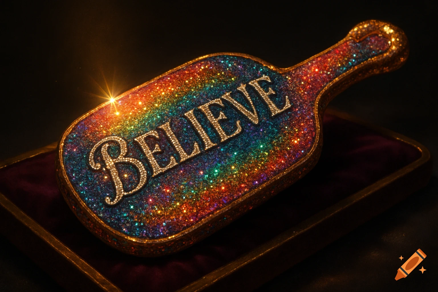 A shiny, rainbow-glittered paddle with the word 'BELIEVE' in silver letters, sparkling in the light.