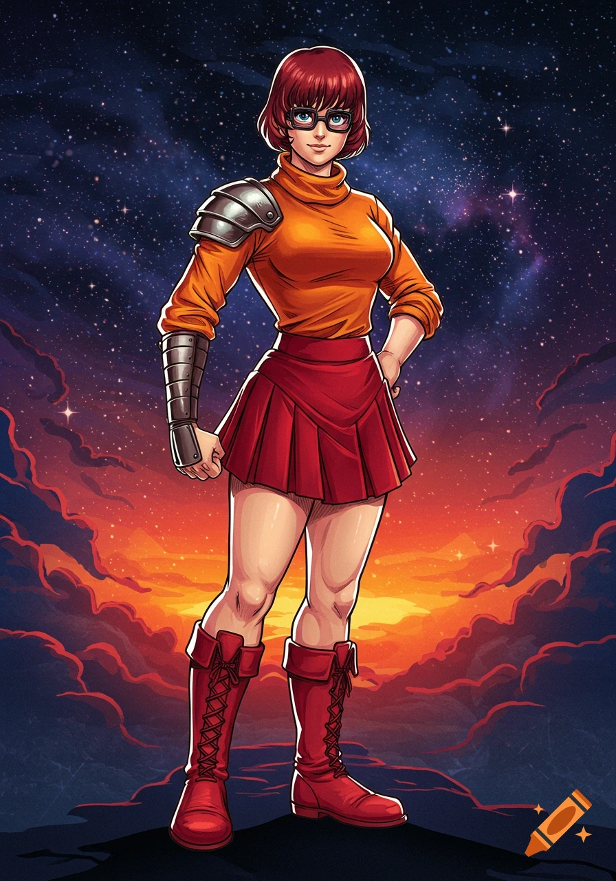 A female character with red hair, glasses, an orange turtleneck, red skirt, red boots, and silver armor on her shoulder and forearm stands against a starry sky with an orange and red cloudscape below.
