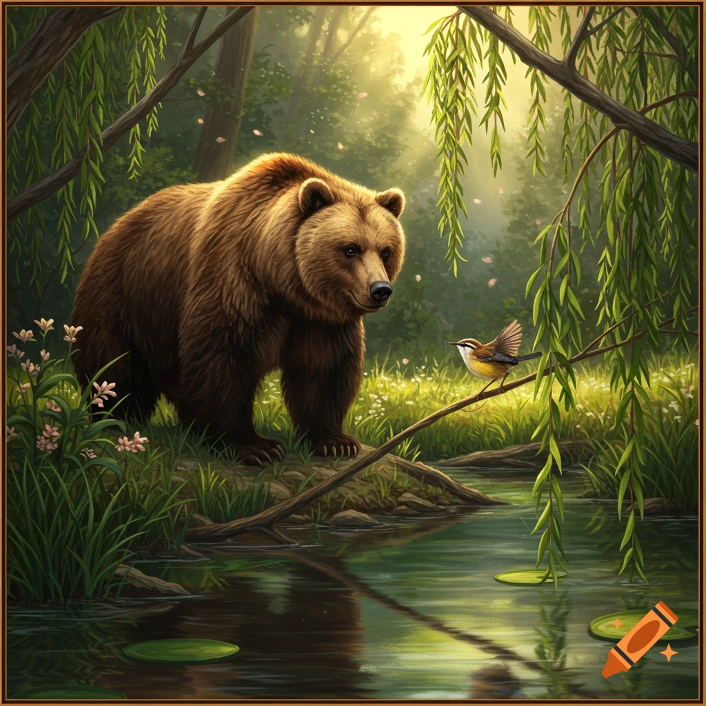 A large brown bear stands by a stream in a sunlit forest, looking at a small bird perched on a branch over the water. Digital art.