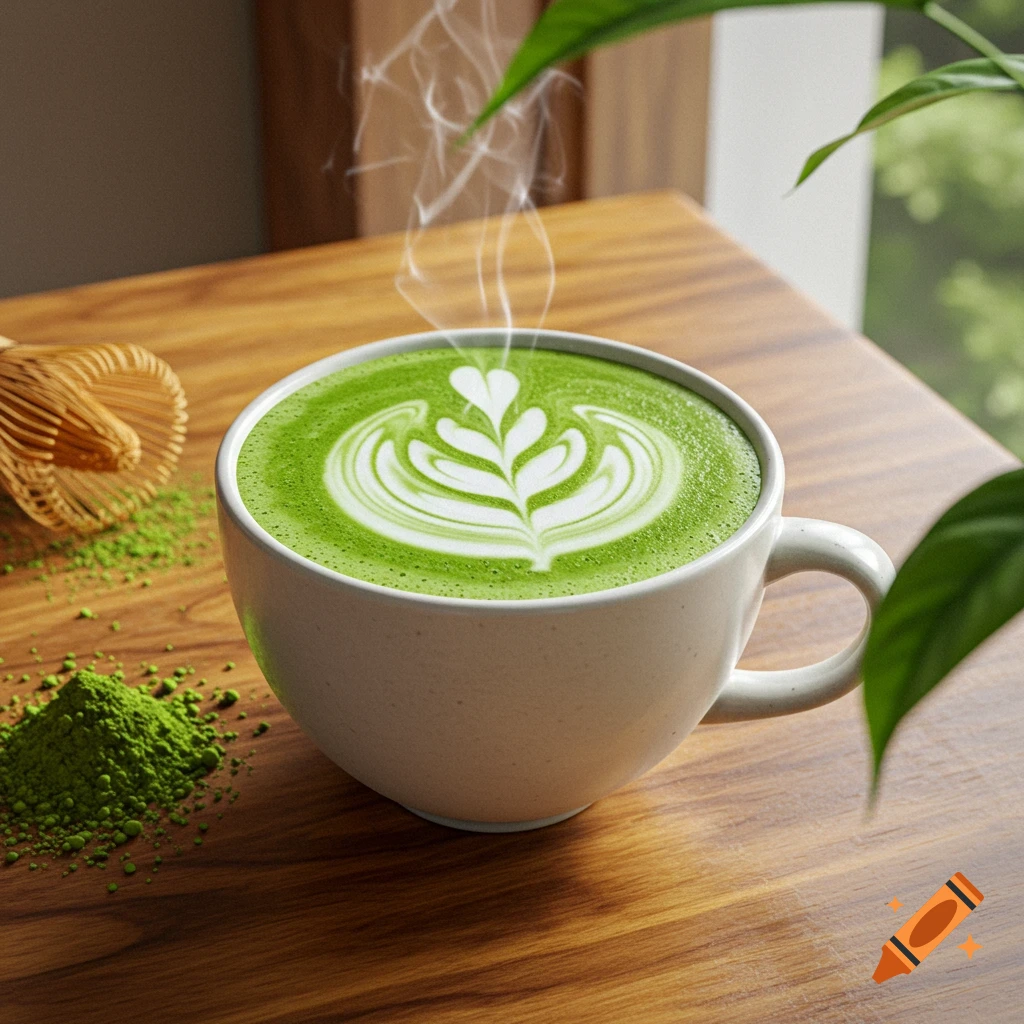 A steaming cup of green matcha latte with white latte art on a wooden table, next to a pile of matcha powder and a bamboo whisk.