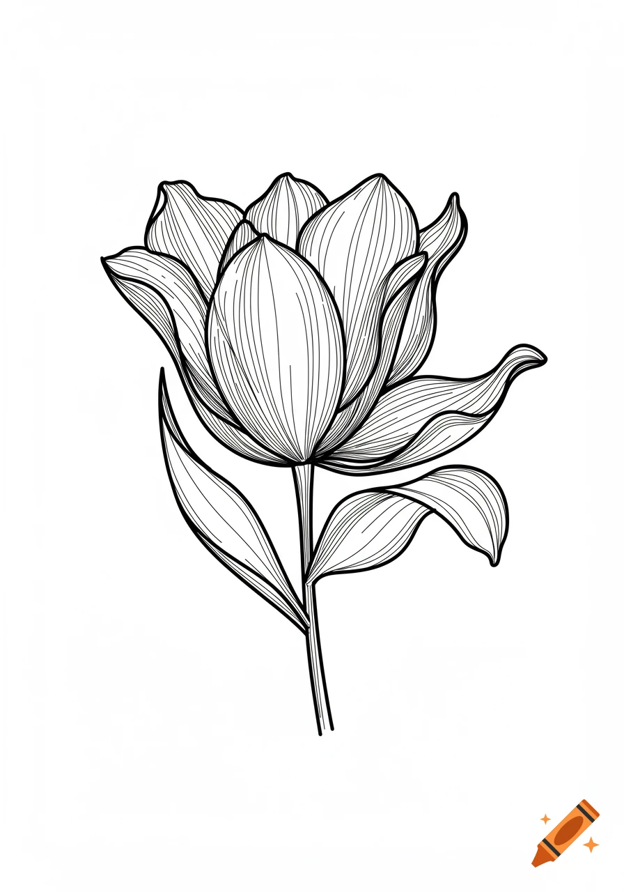 A stylized black and white line art drawing of a flower with multiple petals and leaves on a stem.