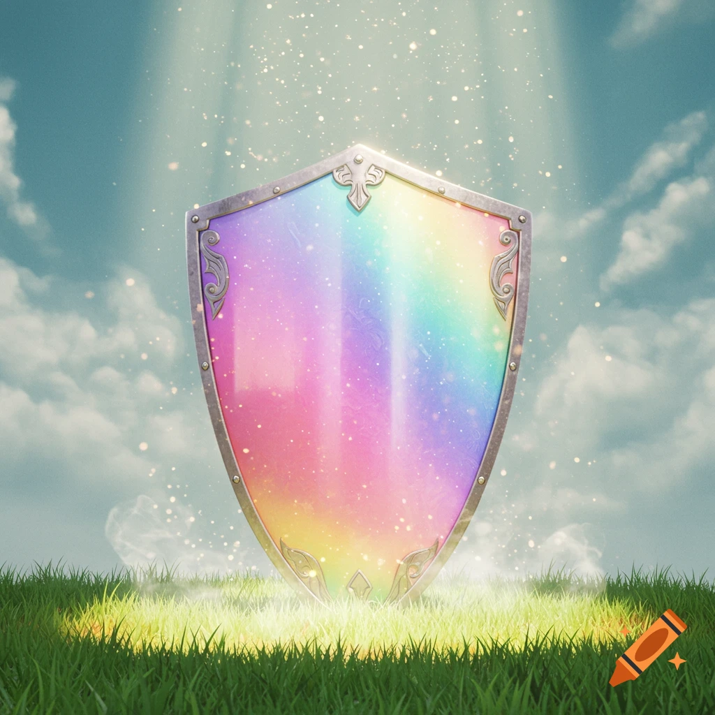 A rainbow-colored shield stands in a field of green grass under bright sun rays and sparkling dust particles.