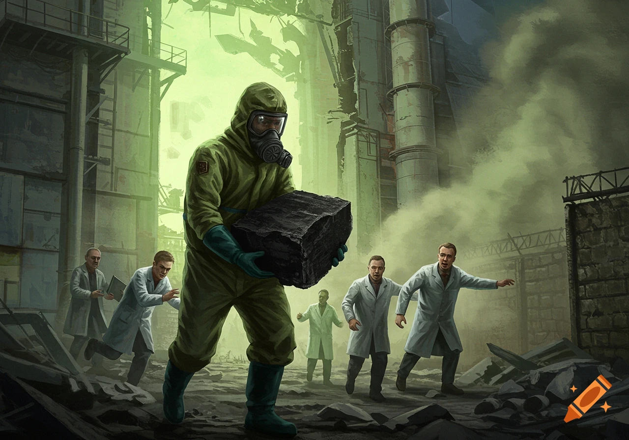 A liquidator in a hazmat suit carries a large graphite block through a ruined industrial site, with scientists chasing him in a dramatic digital painting.