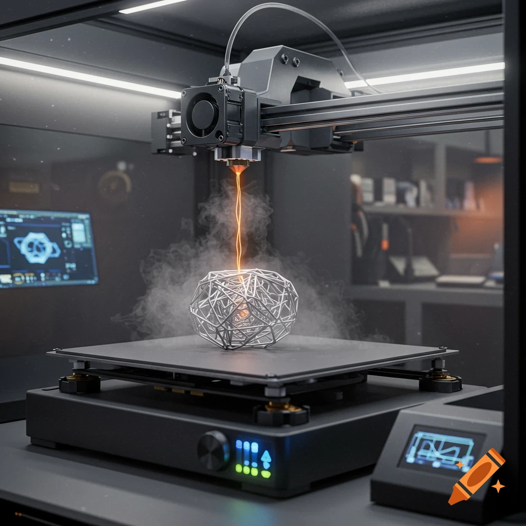A photorealistic 3D printer emits an orange beam and smoke while creating a complex metallic sphere in a lab.