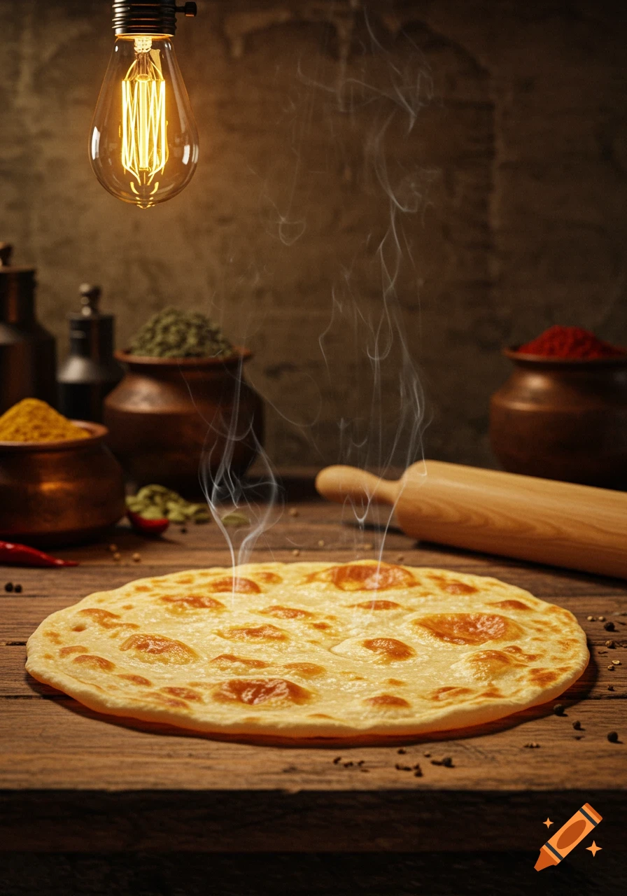 A steaming roti on a rustic wooden table with various spices in clay pots, a rolling pin, and a glowing vintage light bulb overhead.