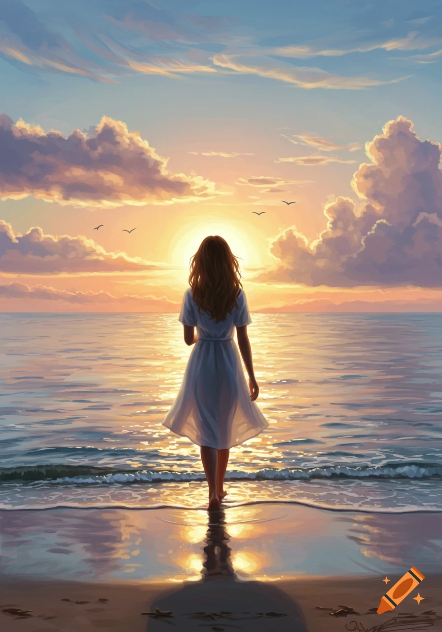 A woman in a white dress stands in the shallow water of a beach, looking towards a vibrant sunset over the ocean. Digital painting style.