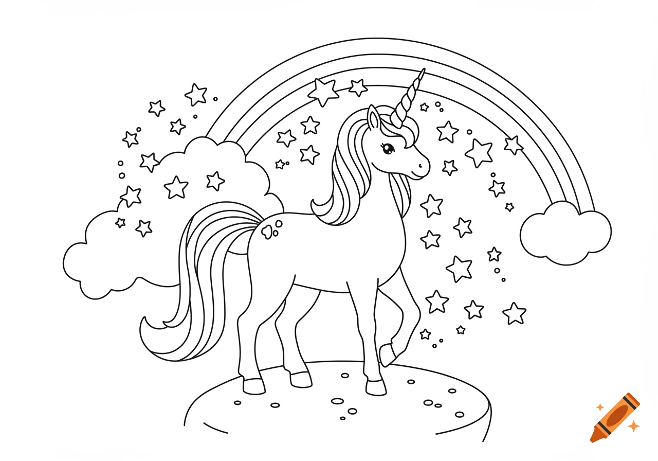 Black and white outline drawing of a fantasy unicorn with a rainbow and stars, suitable for a coloring page.