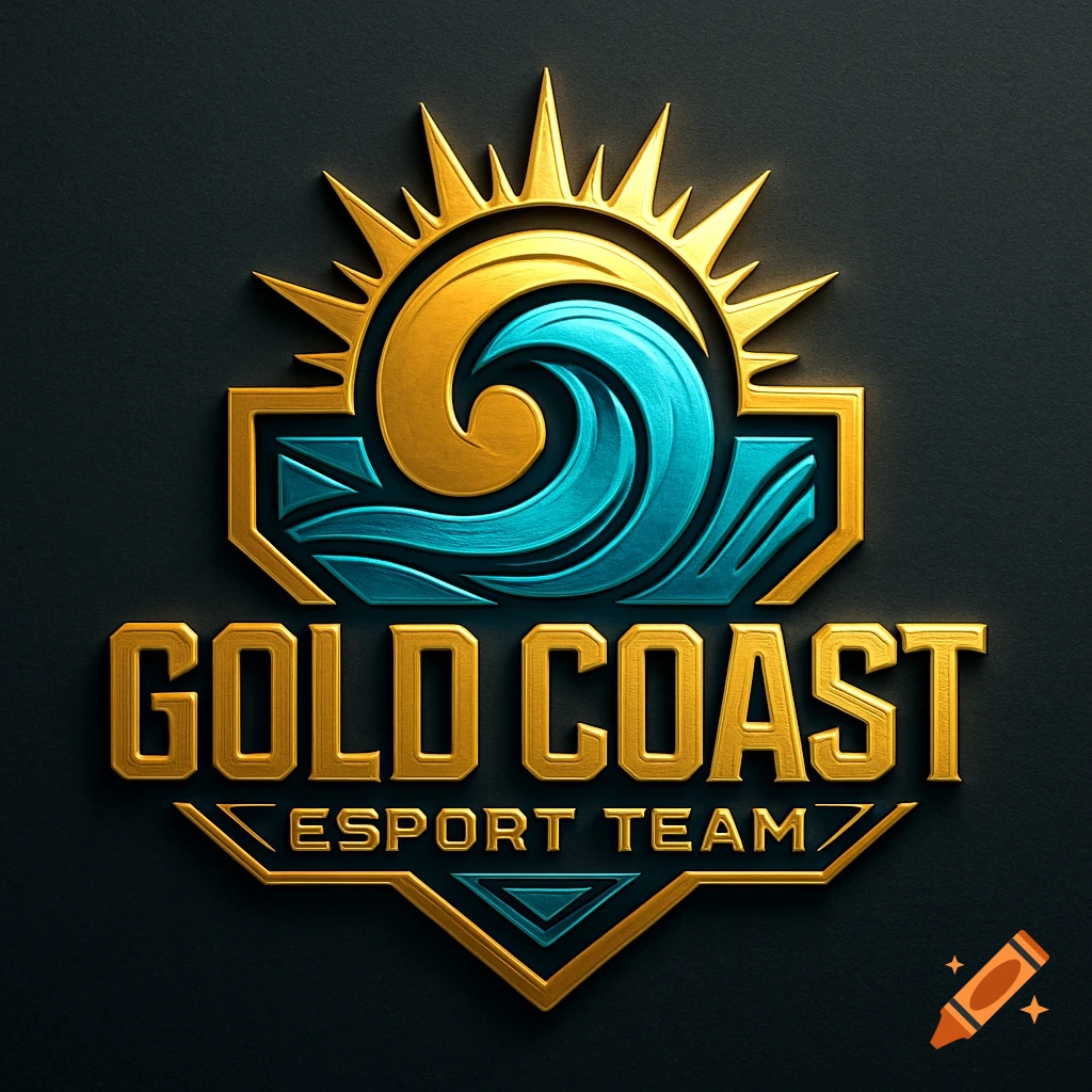 Metallic gold and teal logo for Gold Coast Esport Team, featuring a sun, waves, and bold embossed text on a dark background.