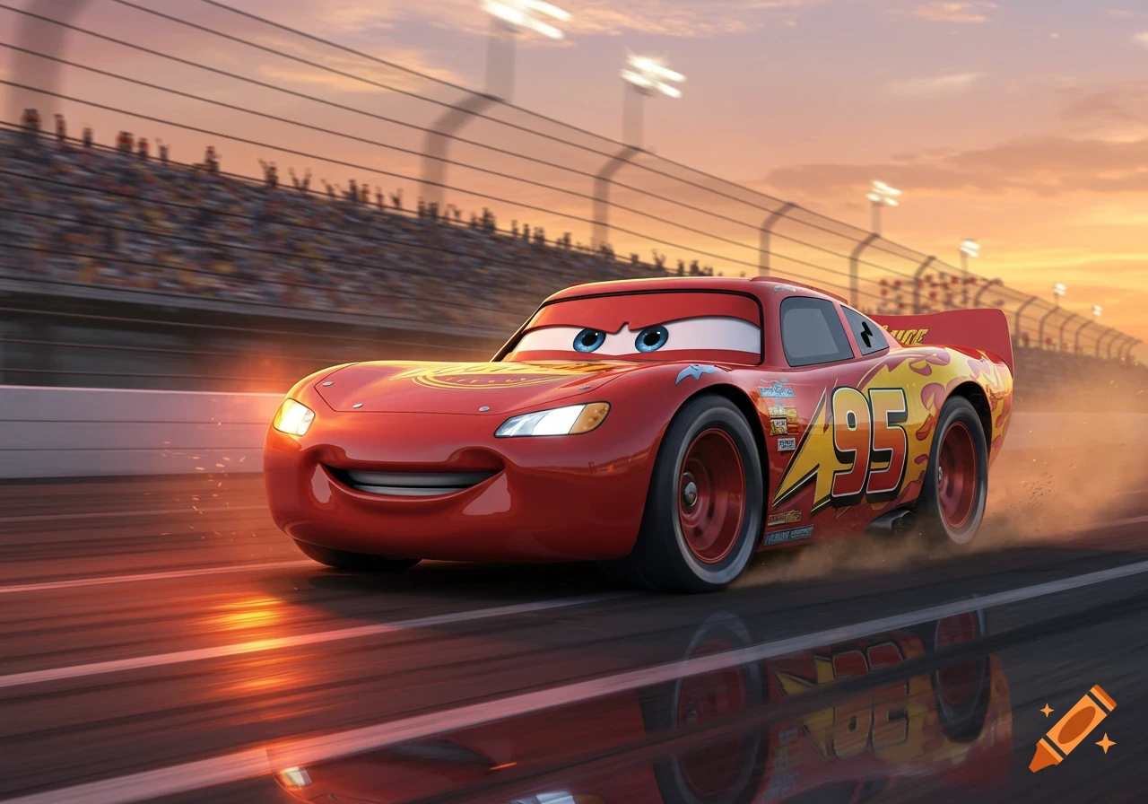 A red cartoon race car, Lightning McQueen from Cars, speeding on a track at sunset.