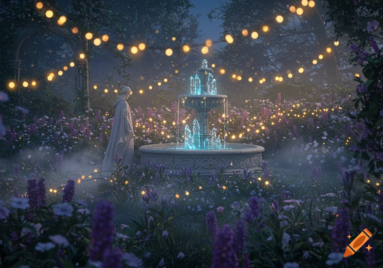 A robed figure stands near a glowing blue fountain in a mystical garden illuminated by golden string lights.