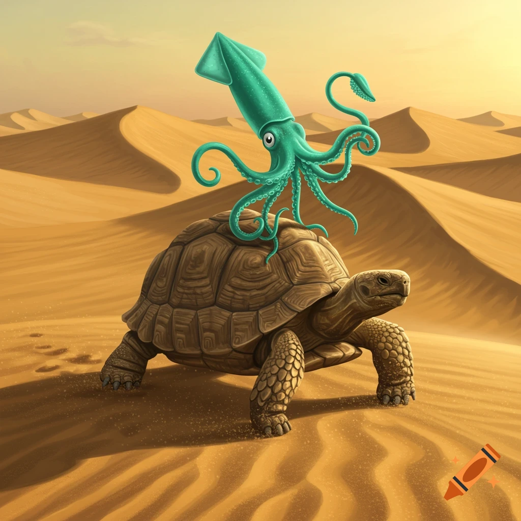 A stylized teal squid with large eyes sits atop a brown tortoise, both looking right, on sandy desert dunes under a warm sky.