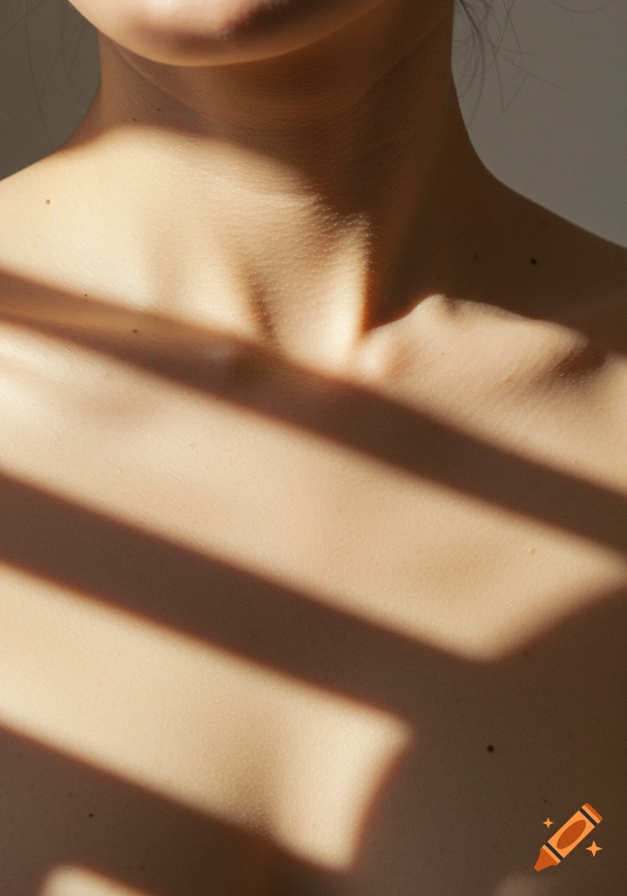 Close-up photorealistic image of a person's neck and upper chest with distinct shadows from blinds.