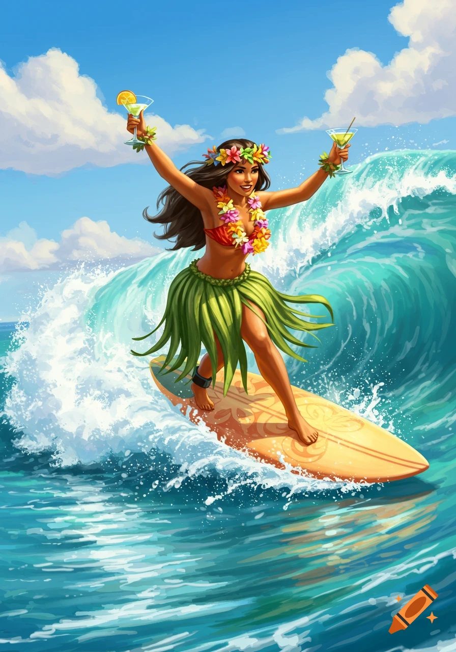 A vibrant illustration of a hula girl in a bikini and grass skirt surfing a blue wave, holding two cocktails with arms raised.