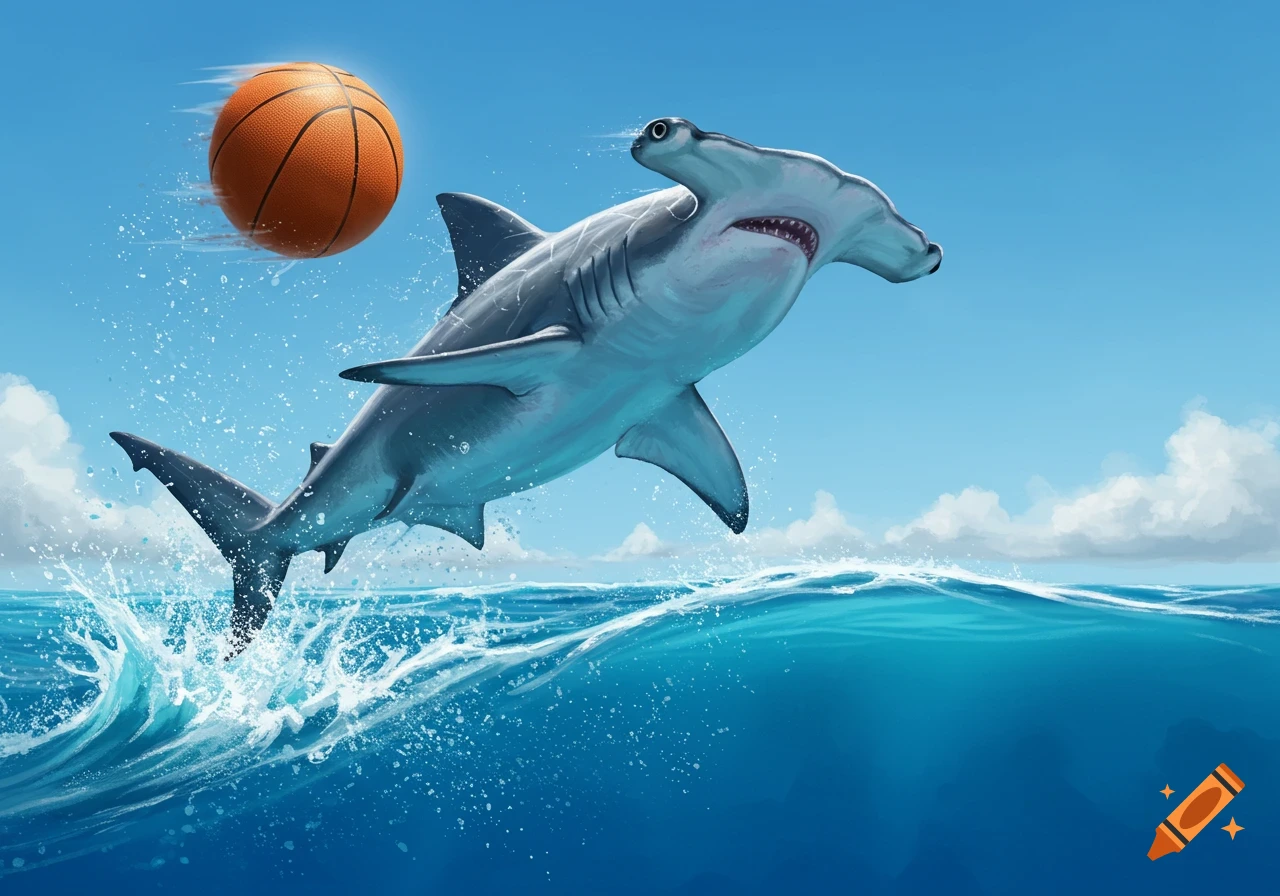 A cartoonish hammerhead shark leaps out of the blue ocean water, appearing to hit a basketball in mid-air against a bright blue sky.