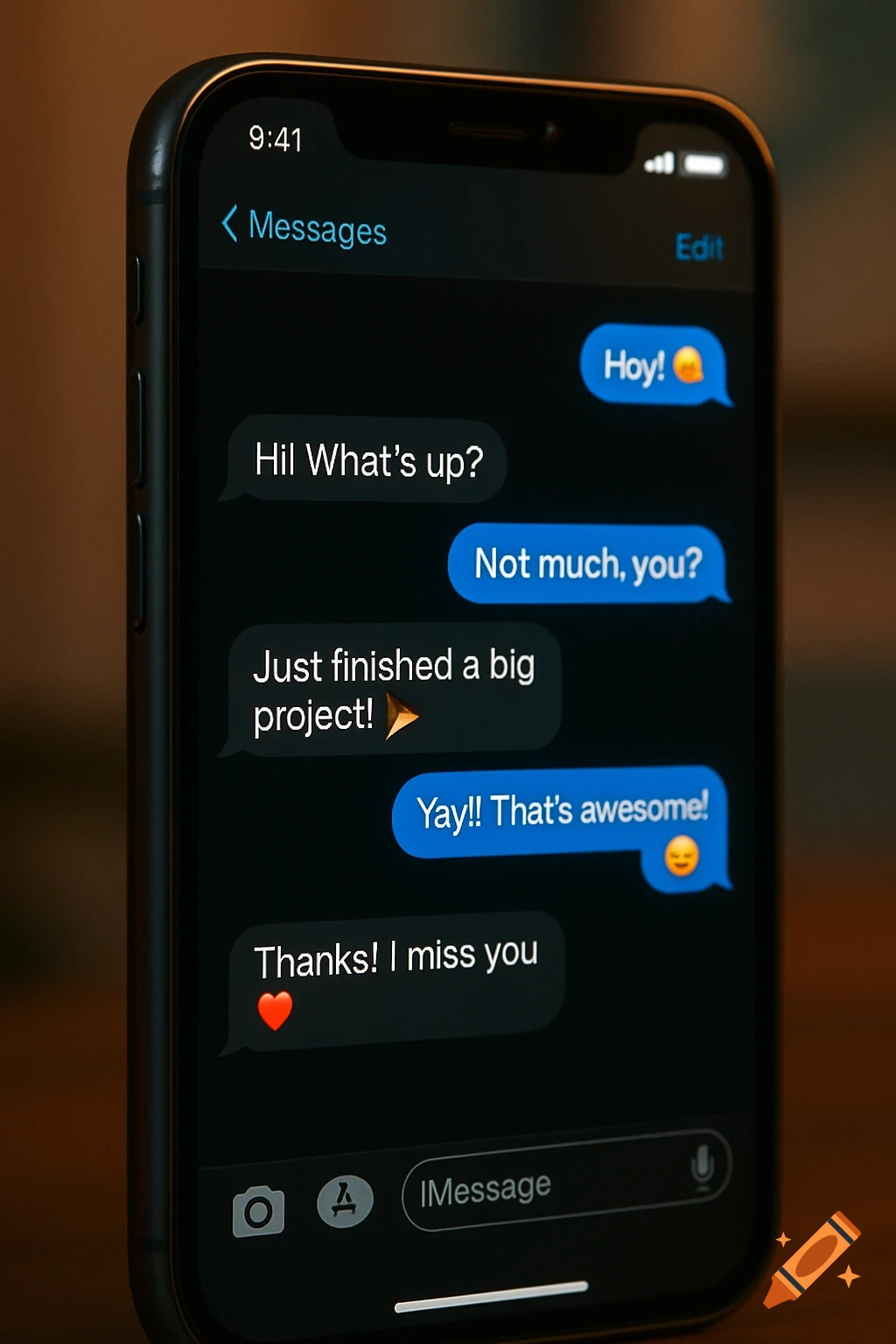 Close-up of a smartphone screen displaying a text message conversation in dark mode.