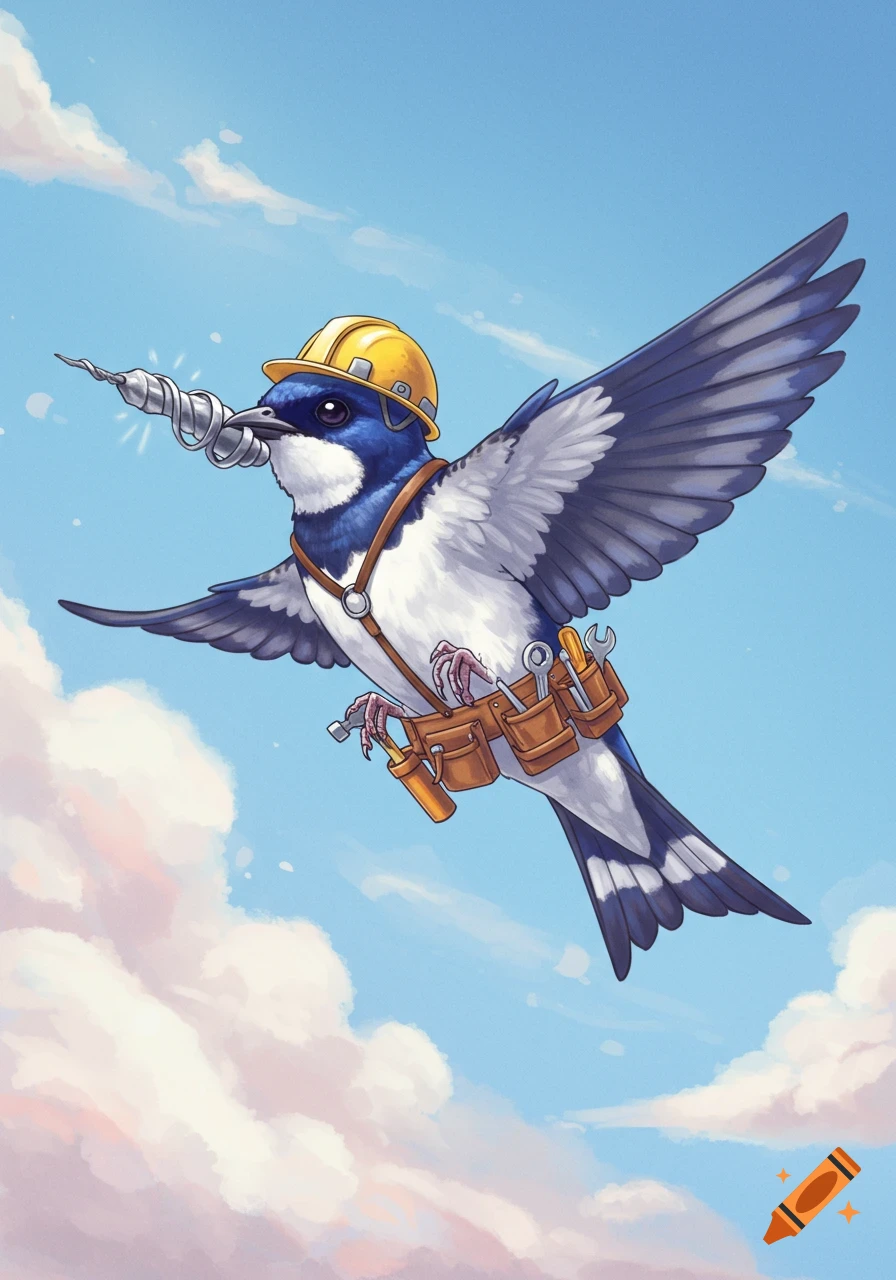 A blue and white house martin bird wearing a yellow hard hat and tool belt, holding a drill, flies in a blue sky with clouds. Illustration.