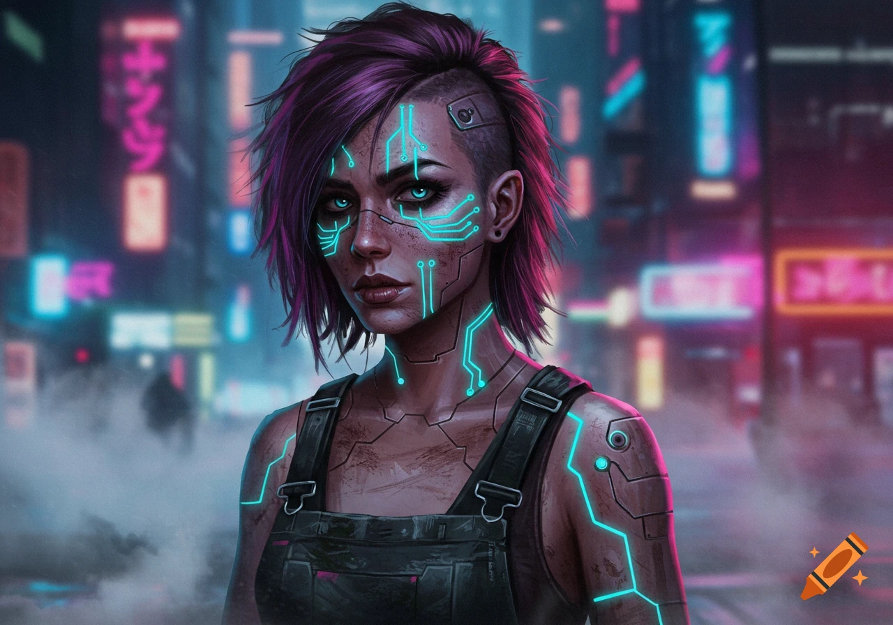 A cyberpunk woman with purple choppy hair and glowing blue circuit patterns on her face and body stands in a futuristic city with blurred neon lights.