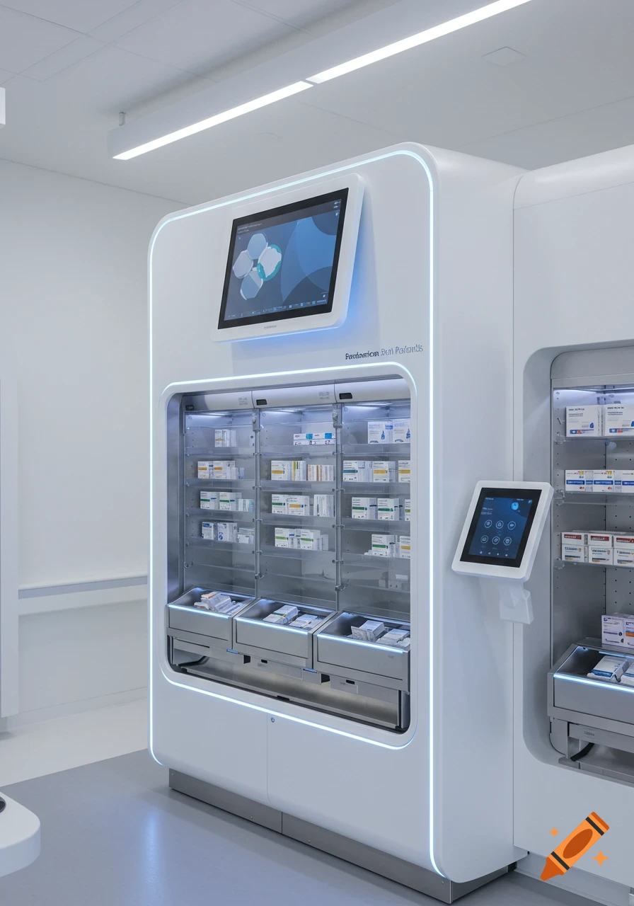 A photorealistic image of a white, sleek, futuristic medication delivery station with multiple screens and compartments filled with neatly organized medicine boxes in a brightly lit room.