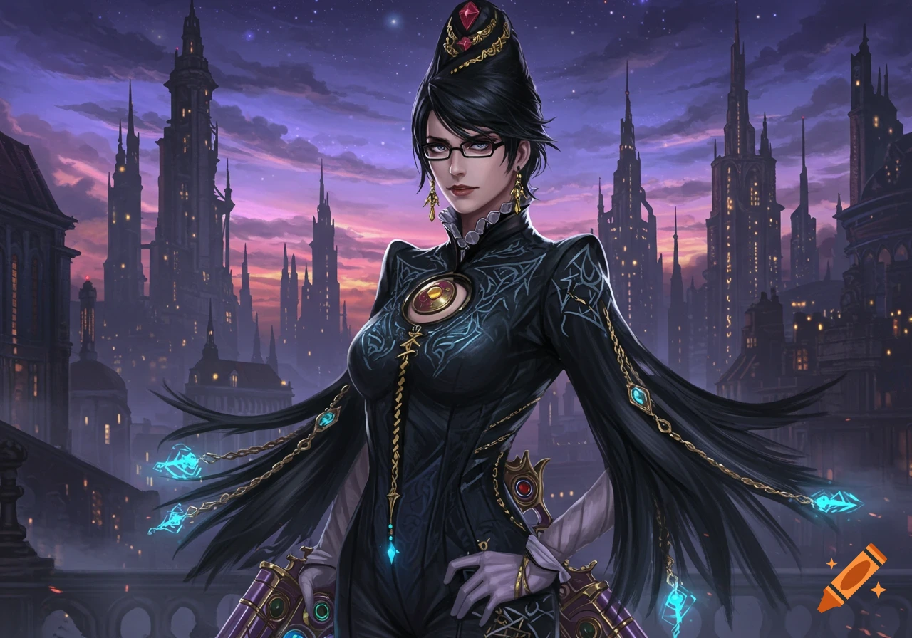 Bayonetta stands in a detailed black outfit and glasses against a twilight city skyline.