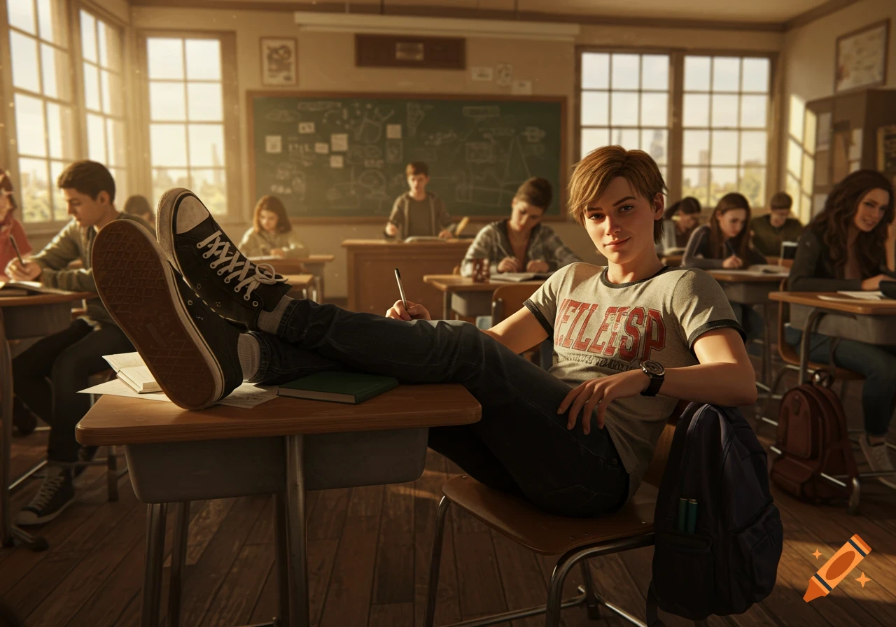 A student with their feet on a desk, wearing sneakers and a t-shirt, looks towards the viewer in a sunlit classroom filled with other studying students.