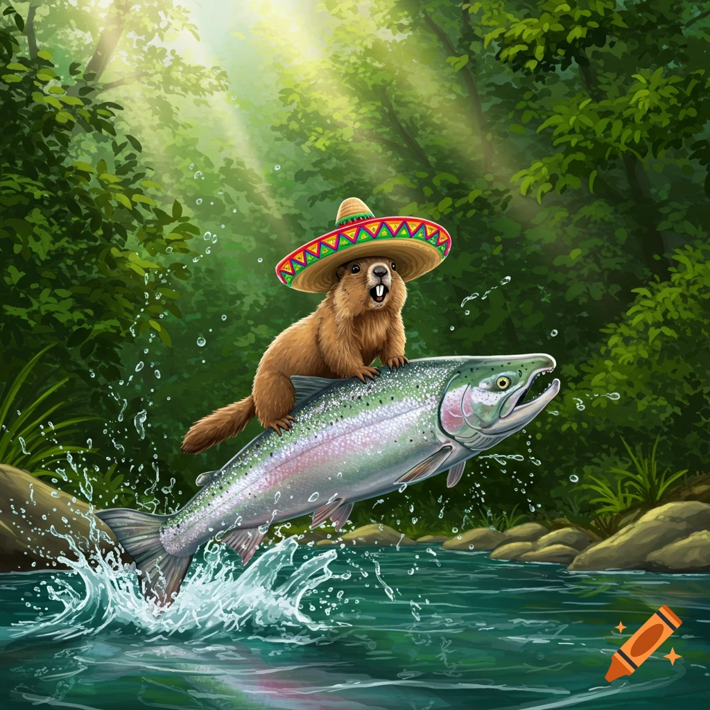 A cartoon-style marmot wearing a sombrero rides a jumping salmon in a river, with a lush forest in the background.