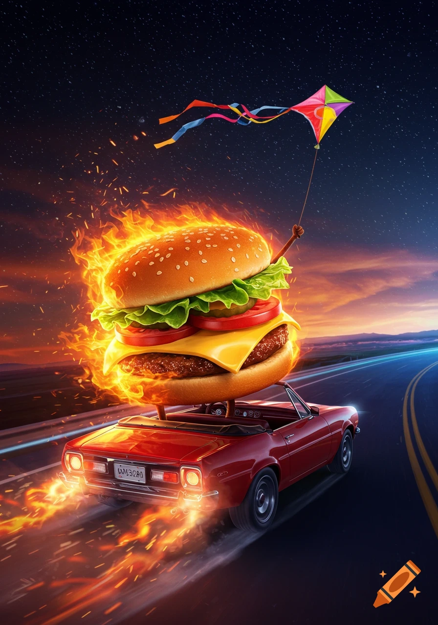A flaming burger on top of a red convertible drives down a highway at night, holding a colorful kite flying in the starry sky.