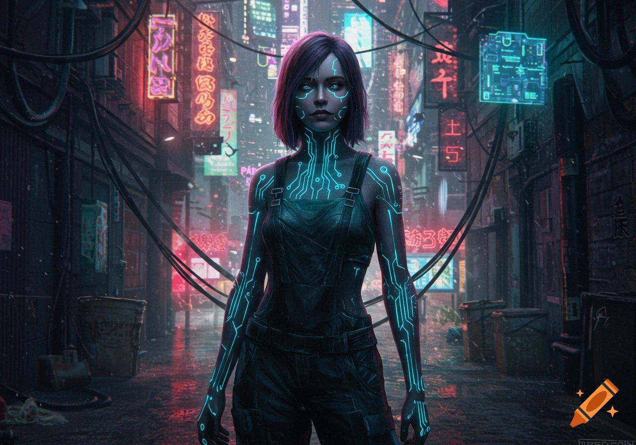 A cyberpunk woman with glowing blue circuits on her face and body, wearing dark overalls, stands in a neon-lit city alley.