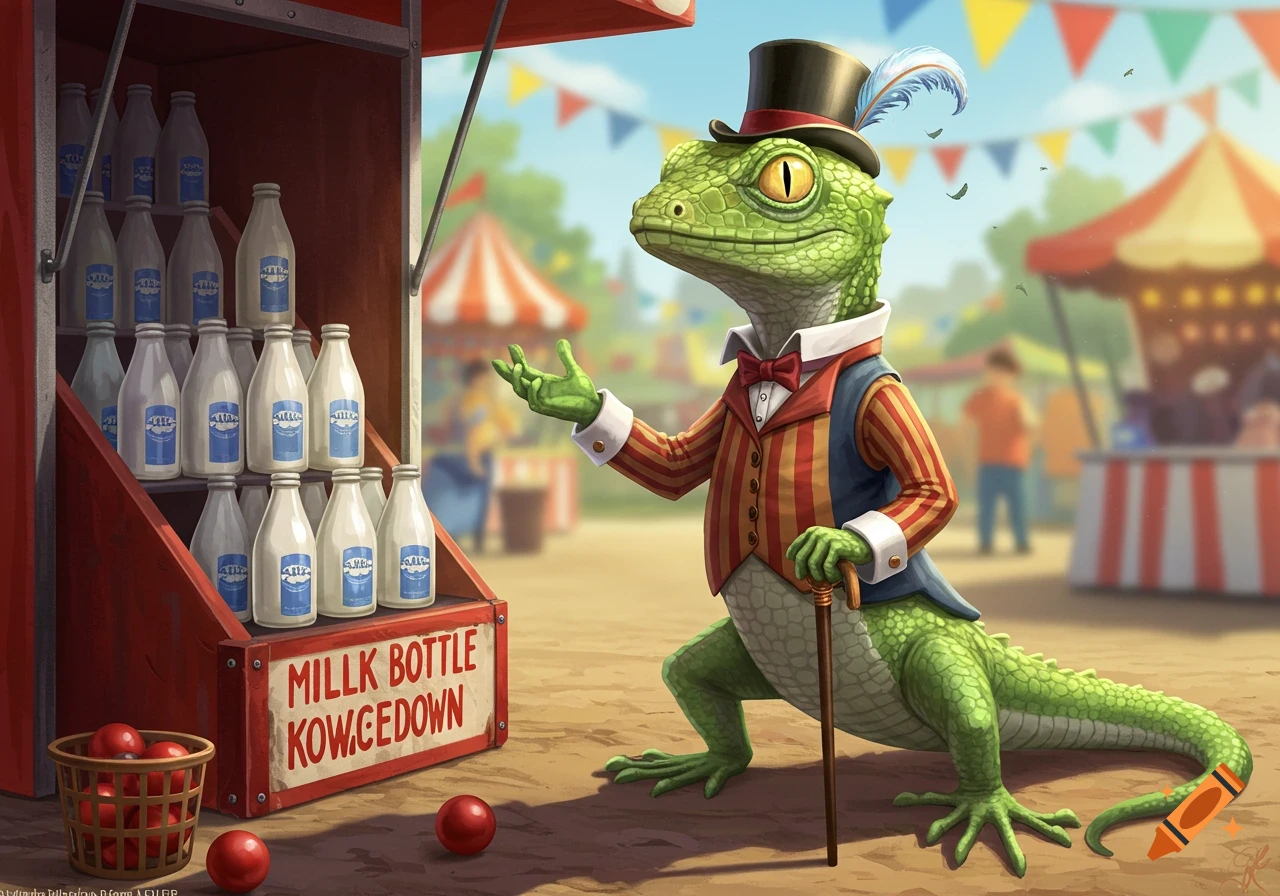 A cartoon lizard wearing a top hat and striped suit stands in front of a carnival game with milk bottles, holding a cane.