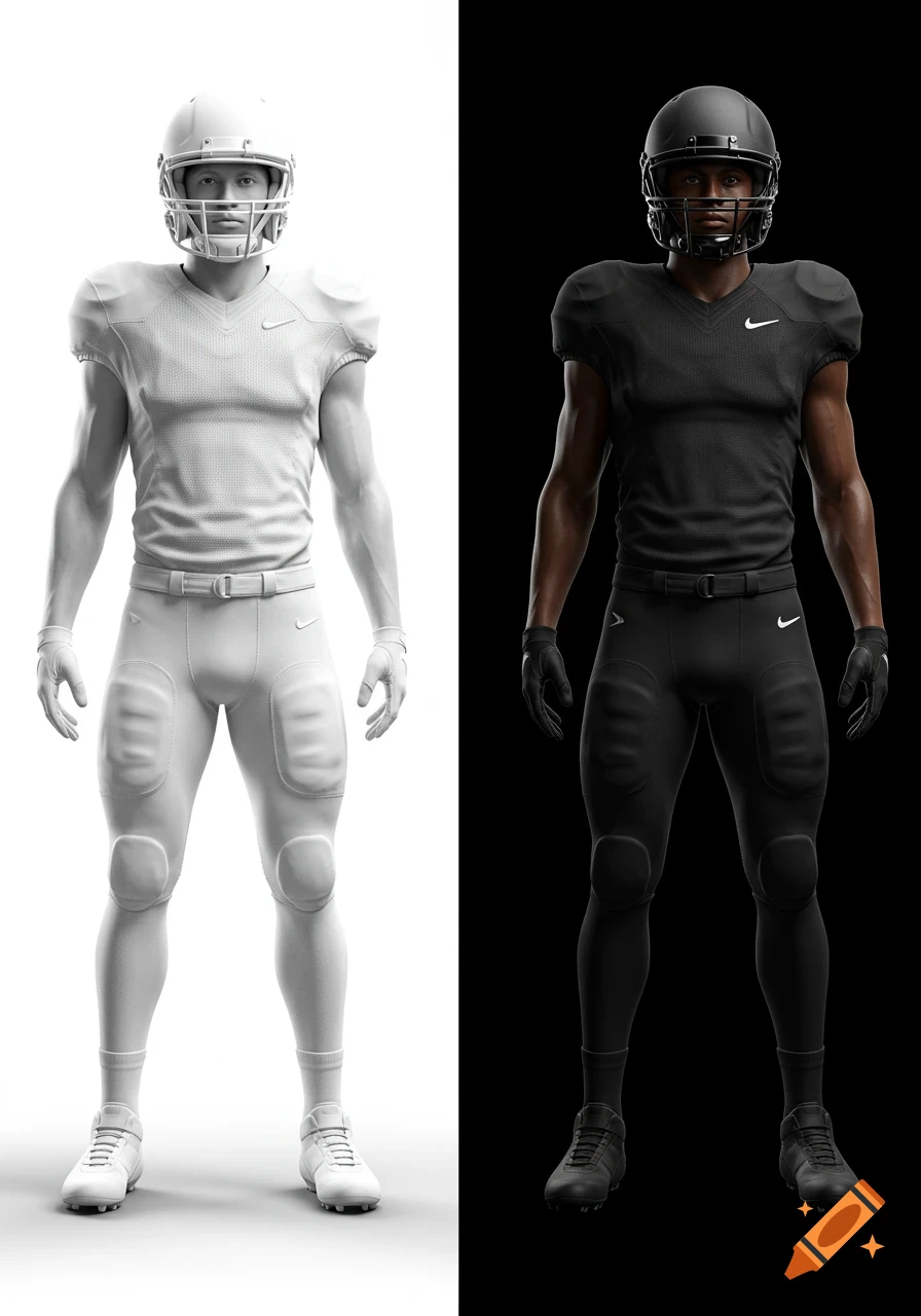 Two detailed, realistic American football players, one in white uniform on a white background, one in black uniform on a black background.